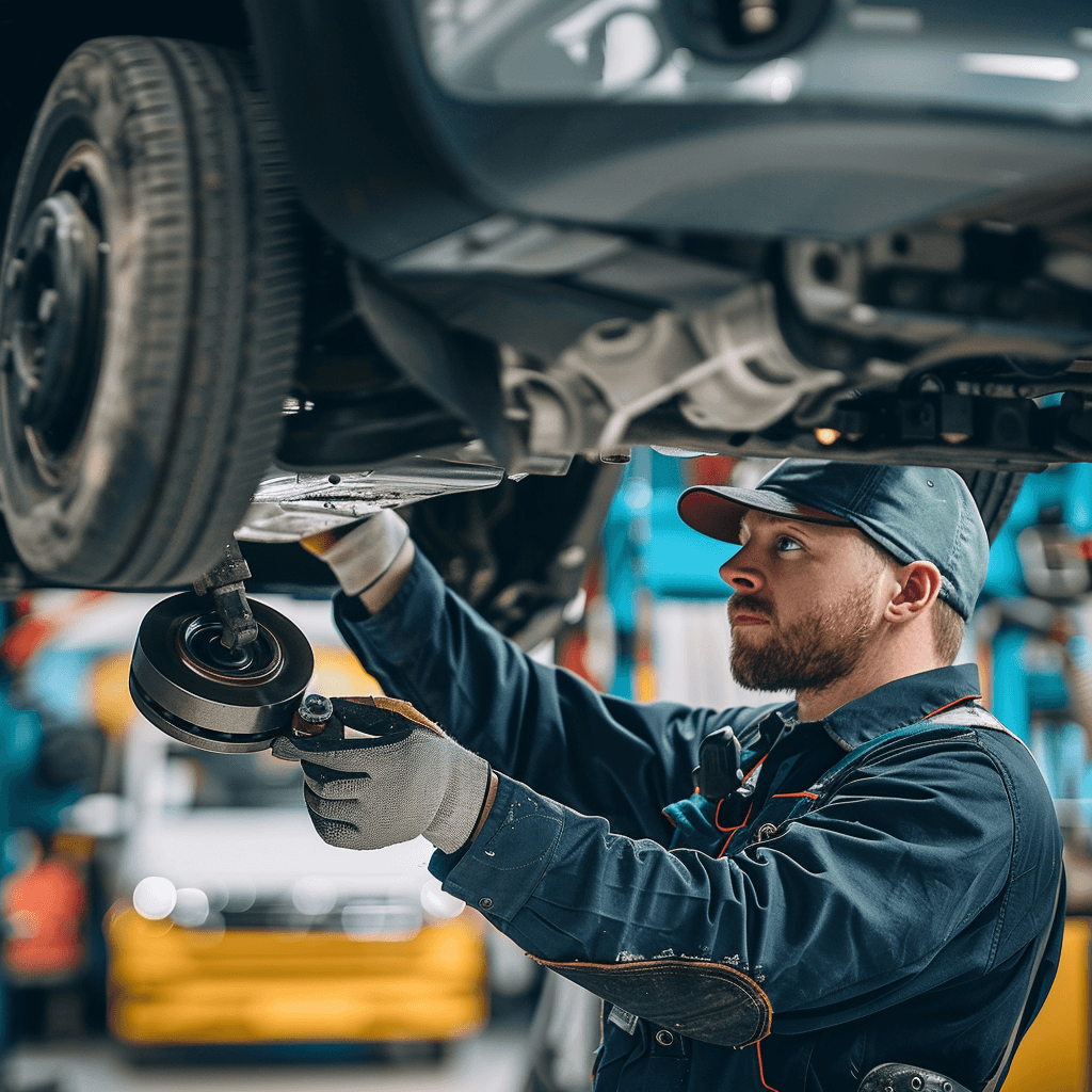 picture of a mechanic working on an undercarriage of a car